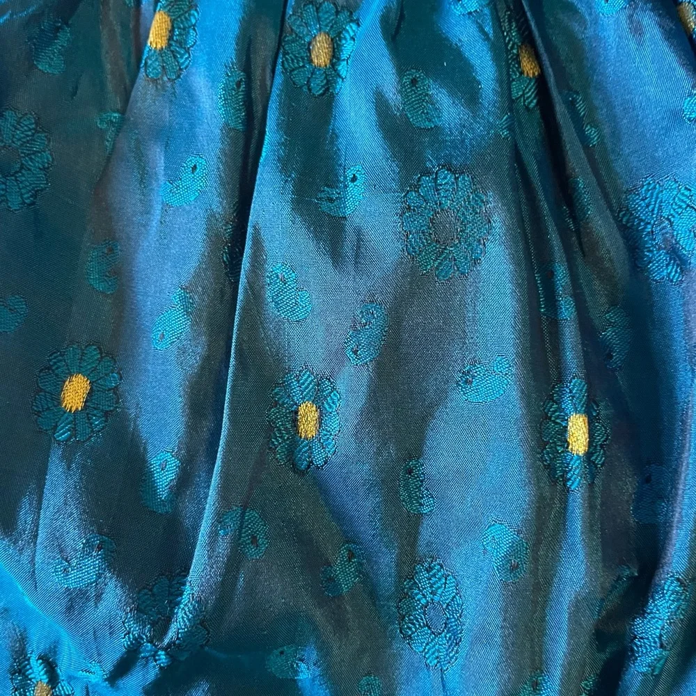 Girls Sweet Teal Gold Embroidered Silky Paisley Ruffled Tea Party Dress Frock